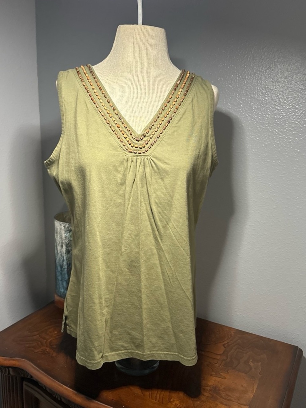 St. John's Bay Olive Green Beaded V-Neck Tank